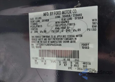 2005 Ford Ranger Edge/Xl/Xlt z USA, uszkodzony, nr VIN 1FTZR11U85PA52446